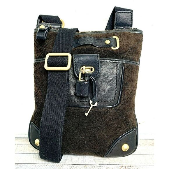 Juicy Couture BROWN VELOUR BLACK REAL LEATHER ZIP SMALL SHOULDER BAG XBODY PURSE - Picture 1 of 12